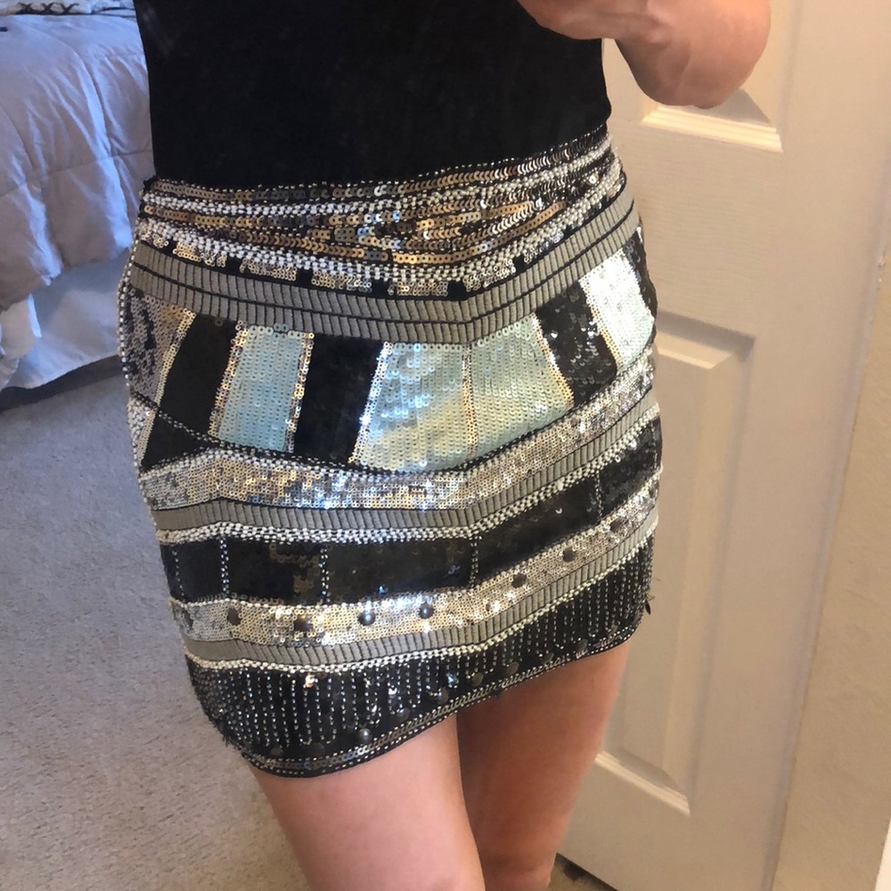 Michel sequin beaded elastic waist skirt black